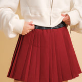 Pleated Skirt With Check Waistband - Burgundy